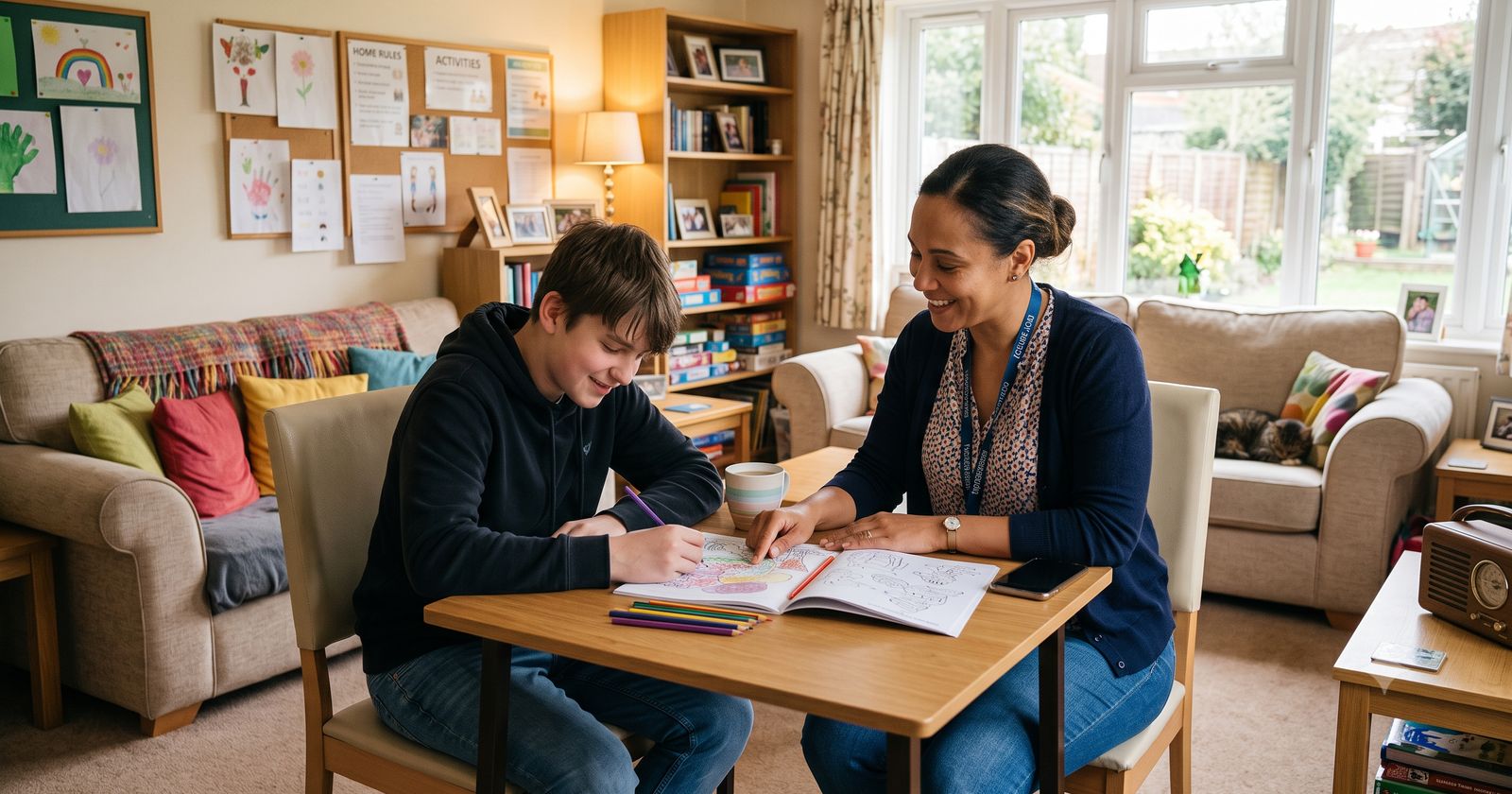 Support worker sitting with a young person, helping with schoolwork at the kitchen table in a residential children's home